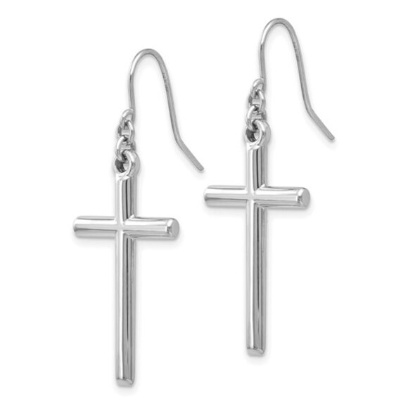 14k Yellow OR White Gold Tubular Cross Shepherd Hook Dangle Drop Earrings - Picture 6 of 8